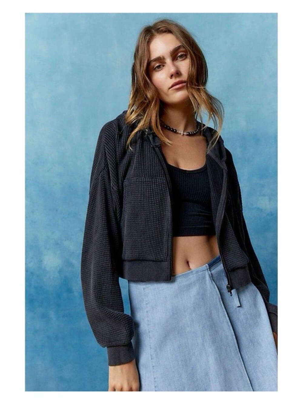 BDG Leah Waffle Knit Cropped Hoodie Sweatshirt Medium Gray Urban Outfitters